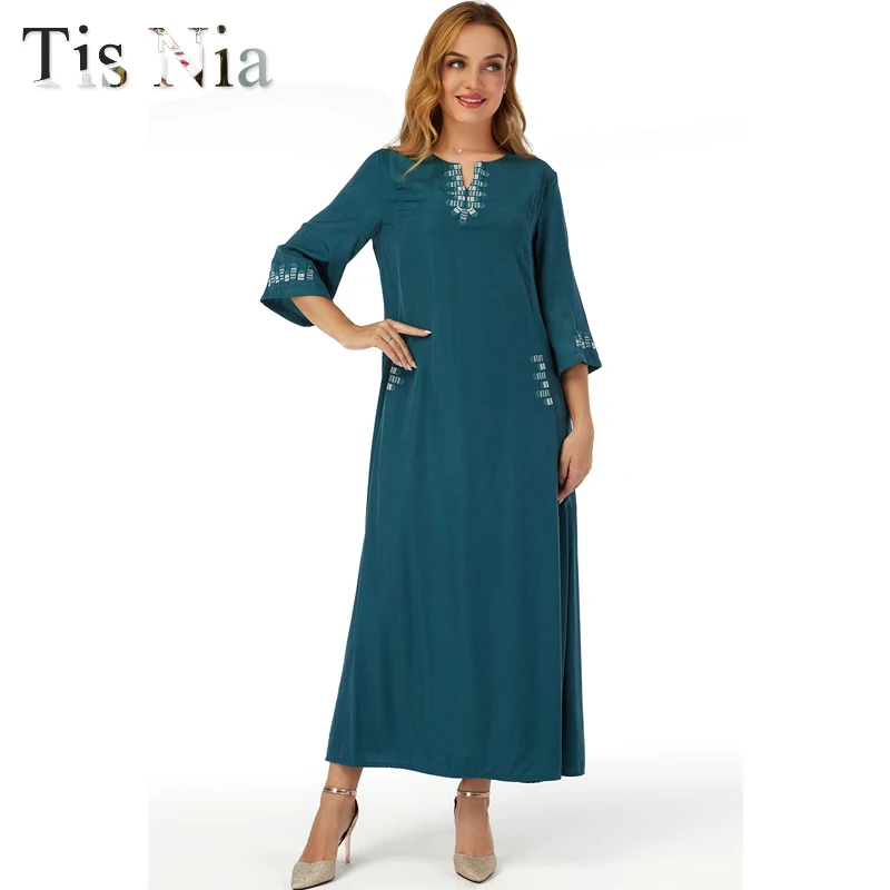 Robe Marocain Abaya Dubai Turkish Islam Robe Muslim Embroidered African Dress Women's Robe Arab Muslim Djellaba Femme Blue