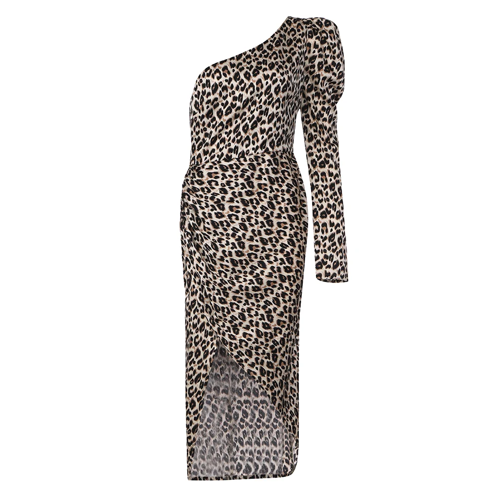 

Spring 2022 Fashion Dress Women One Shoulder Sexy Leopard Clothing Club Party Celebrity Bodycon Dress