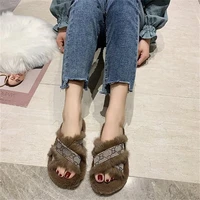 european and american style printed furry slippers women 2021 new spring and autumn flat open toe flip flops warm womens shoes