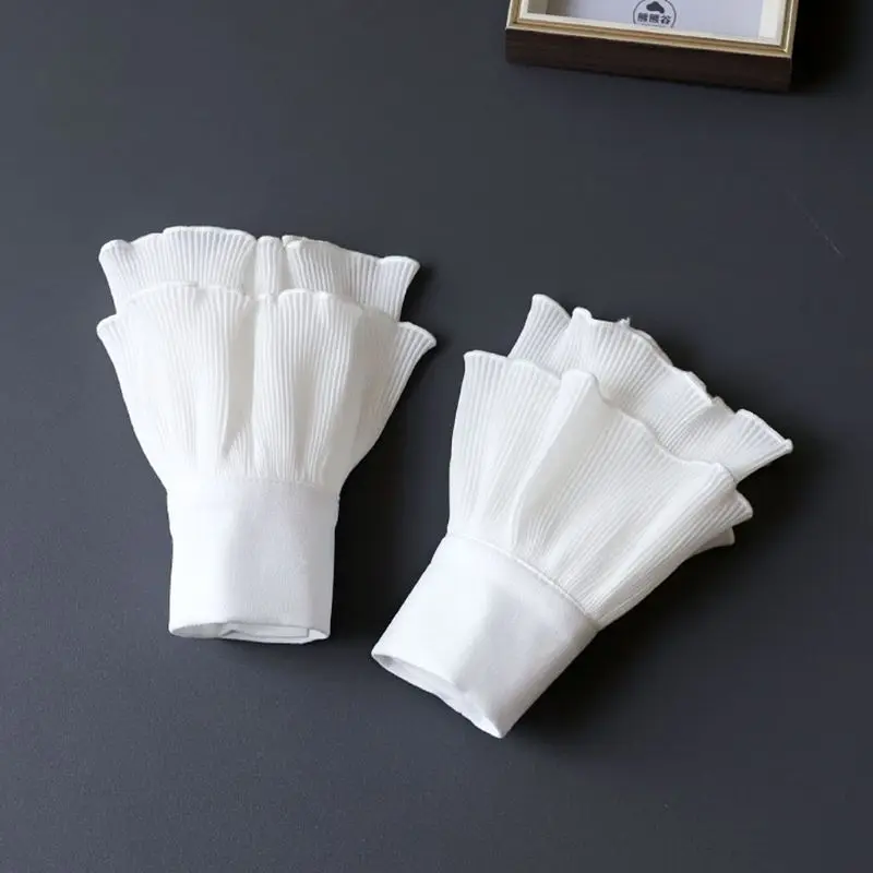 

Women Layered Striped Horn Cuff Agaric Ruffles Wrinkled Fake Sleeve Wrist Warmer 63HC