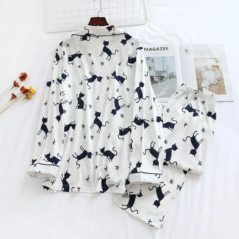 

Spring and Autumn Ladies Pajamas Suits,cotton Long-sleeved Home Clothes, Summer Thin Cartoon Kittens, Fresh Knitted Cotton Suits