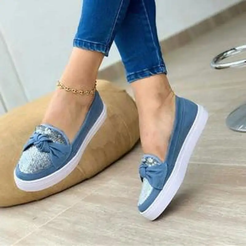 Женские туфли на плоской подошве женские блестящие без застежек обувь с бантиком