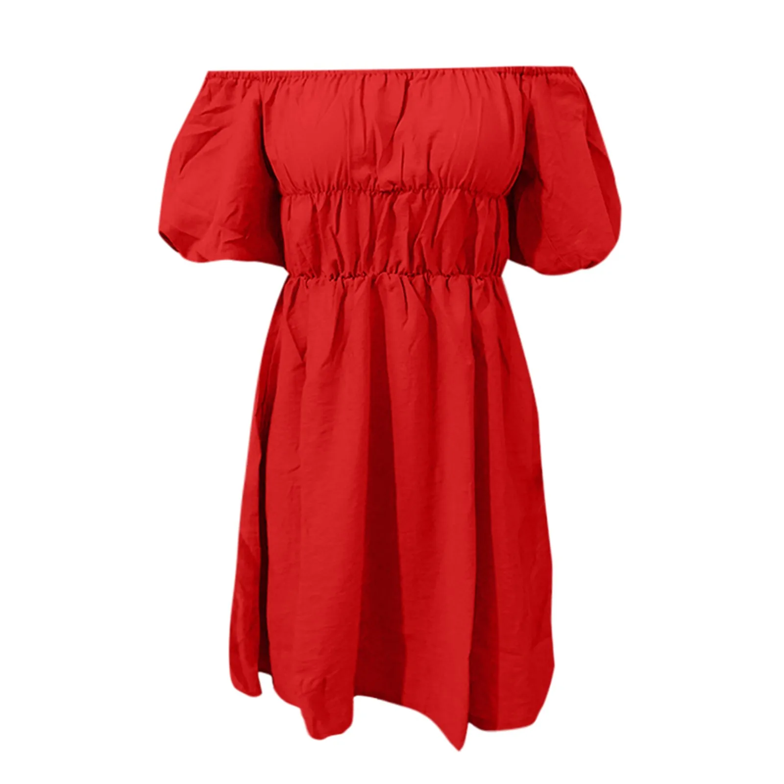 

Summer Mini Dress For Women 2021 Casual Solid Color Strapless Flared Sleeve Pleated Loose Dresses Female Fashion Party Dress#35