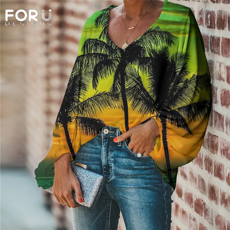 FORUDESIGNS/Harajuku стильная блузка с тропическим рисунком пальмы 2020 Повседневная