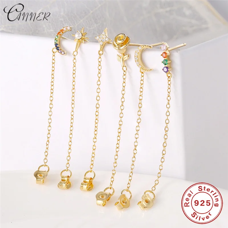 Серьги-подвески с длинной цепочкой CANNER Rainbow CZ золотистые серьги Луной и звездой