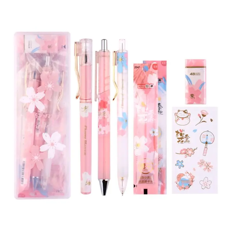 1 Set Cherry Blossoms Ice Gel Pen Eraser Sticker Black Ink 0.5mm Signature Pens R9CB |