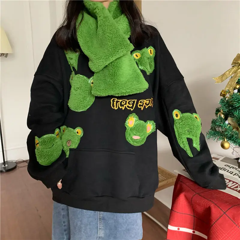 

HOUZHOU Kawaii Frog Pullovers Sweatshirt Women Harajuku Japanese Streetwear Cartoon Embroidery Vintage Oversized Autumn Winter