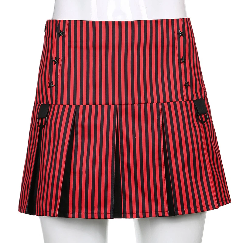 

Goth Dark Gothic Aesthetic Striped Pleated Grunge Mini Skirts Punk Harajuku Mall Goth High Waist Women A-Line Skirt Alternative