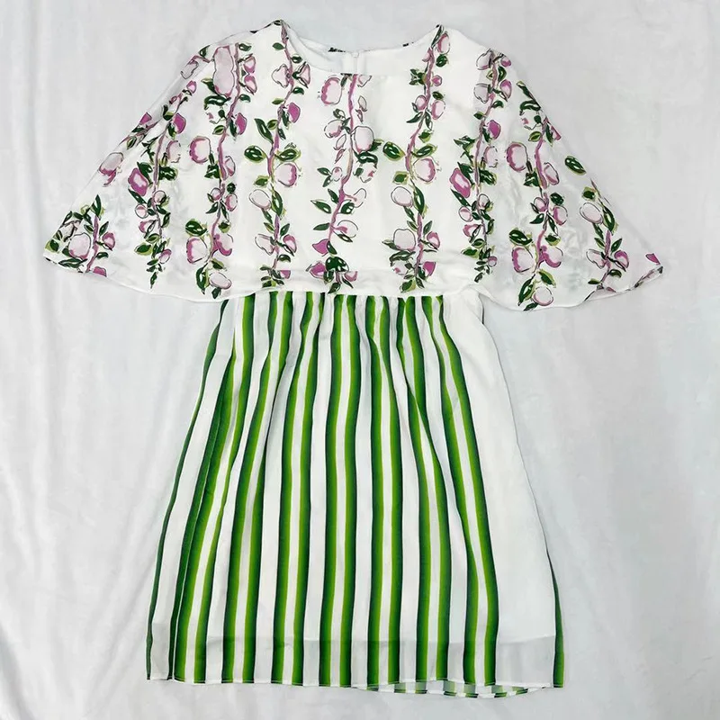 

Women's Runway Dresses O Neck Cloak Sleeves Printed Striped Fashion Summer Short Dress Vestidos