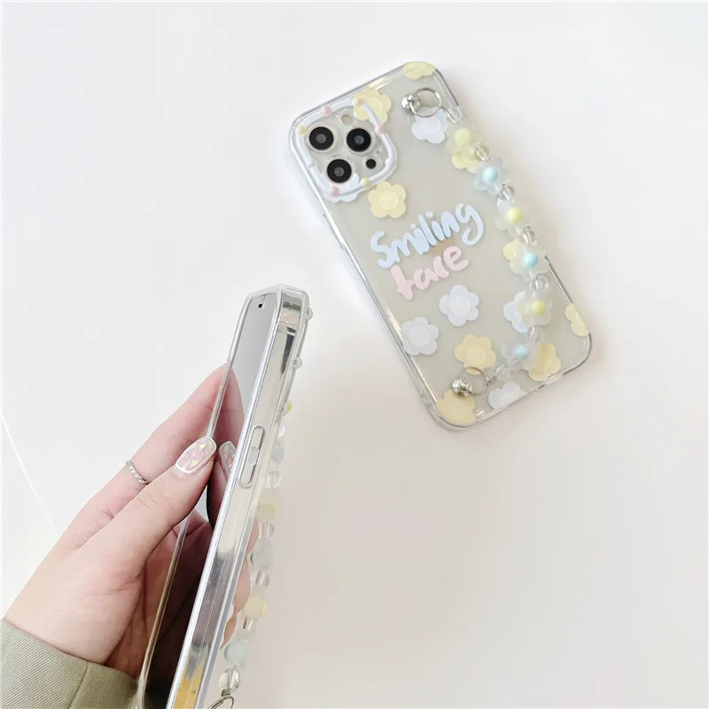 

3D Flower Wrist Strap Chain Bracelet Phone Case For iPhone 11 12 Mini Pro Max XS Max XR X SE 2020 8 7 Plus Soft TPU Back Cover