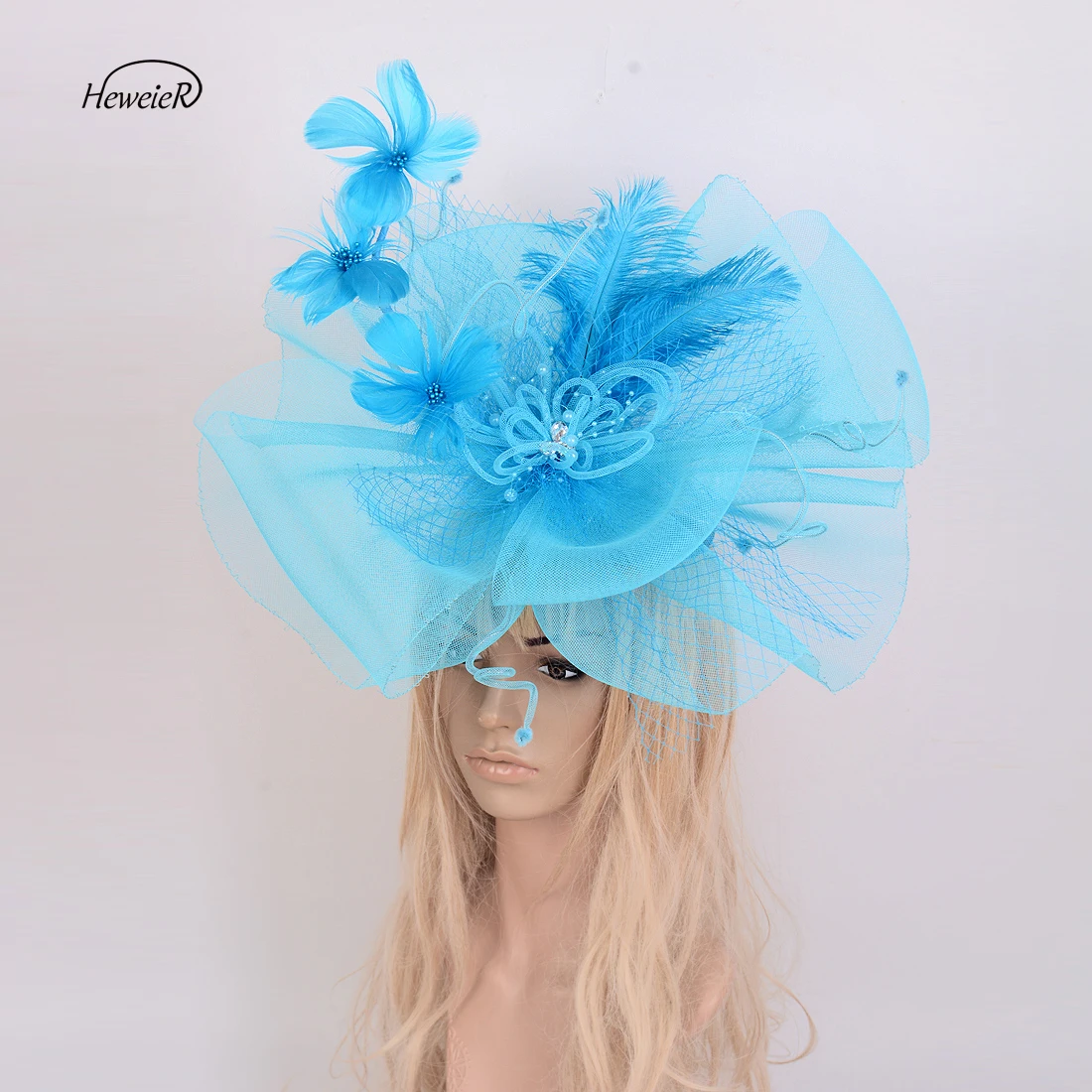 

Women Ladies Large Blue Fascinators Flower Crystal Feather Veil Hair Clips Cocktail Party Hat Headwear Hairpin Hairpiece
