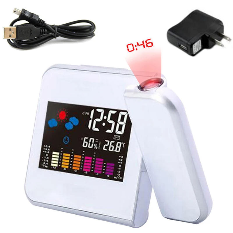 LED Digital Projection Alarm Clock Temperature Thermometer Desk Time Date Display Projector Calendar Table Led USB Charger | Дом и сад