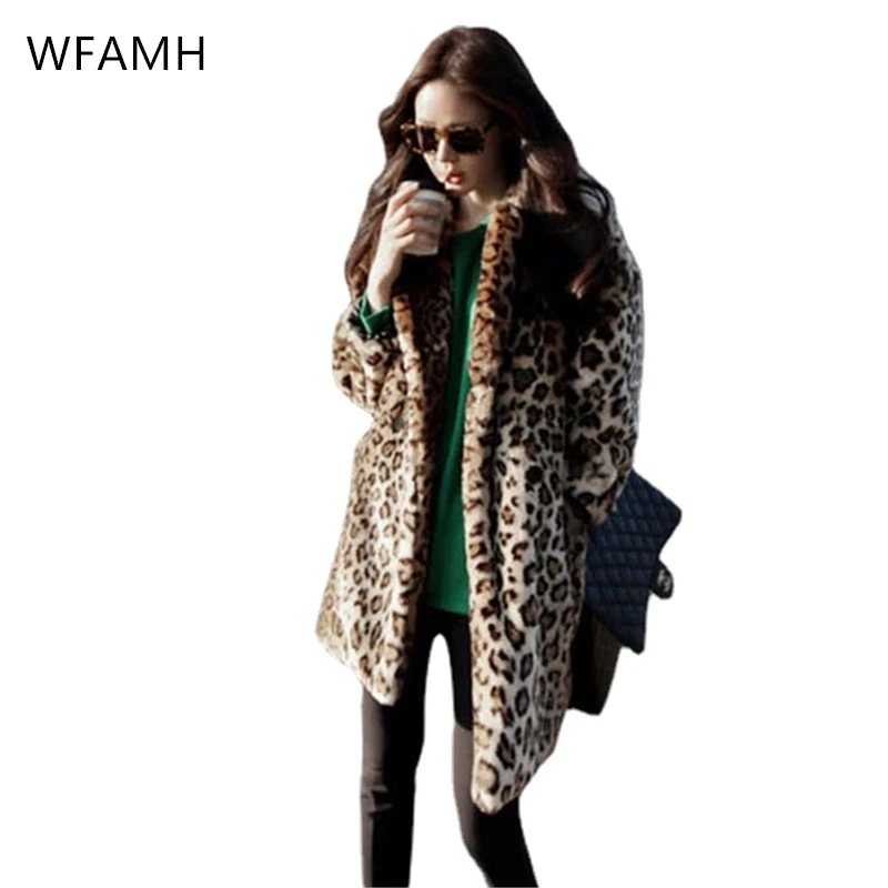 2023 New Winter Imitation Fur Coat Fashion Cardigan Mid-length Windbreaker Leopard Print Jacket Women Turn-down Collar Slim