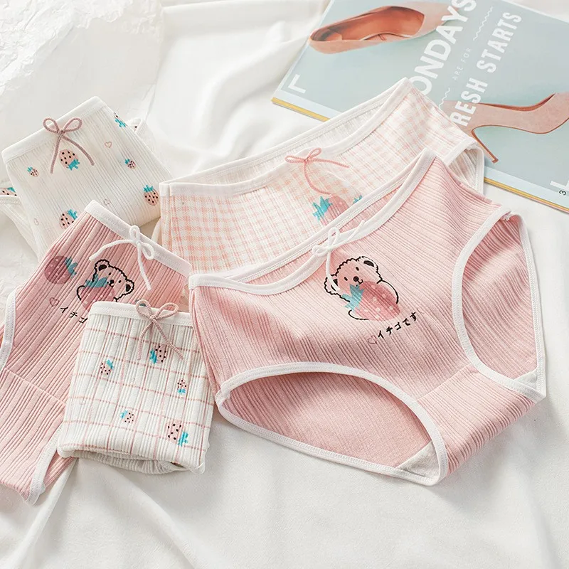 

5 Pcs One Week Wear Women Girls Lingerie Mid Waist Panty Cute Bear Bow Strawberry Cotton Pack of Panties Sweet Underwear Briefs