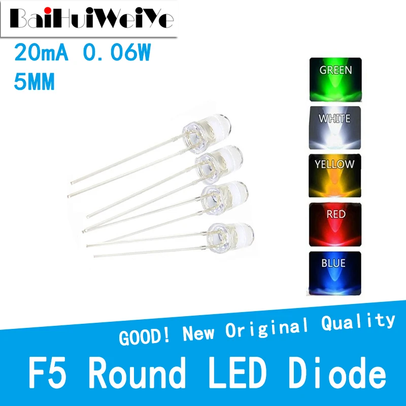 100PCS/LOT Legs UltraBright Red/Green/Blue/White/Yellow Ultra Bright Transparent 5MM Round LED Diode F5 20（mA）0.06 (W) 3V-3.3V