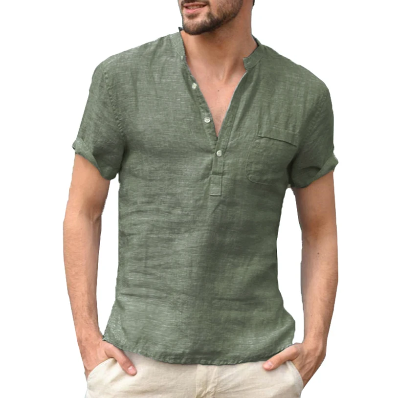 

Men's Solid Button Up Short Sleeves Cotton Linen Slim Fit Tops V Neck T Shirts New Fashion T Shirt For Men Plus Size Streetwear