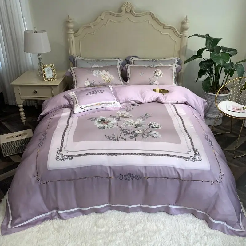 600TC Tencel Шелковый натуральный шелк комплект мягкого постельного белья King queen размер с цветочным принтом шикарный пододеяльник простыня комплект наволочка - Цвет: Color 5