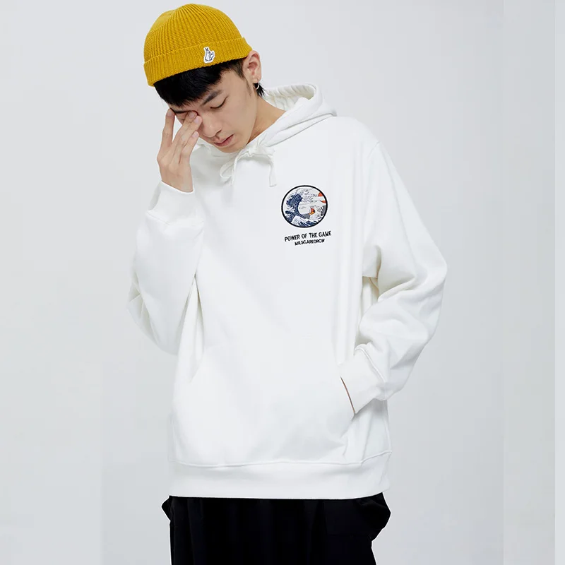 Japanese hoodies men Embroidery Funny Cat Wave harajuku Printed fleece hip hop streetwear winter sport brand sweatshirts | Мужская