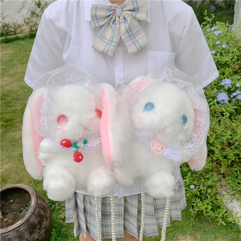 

2021New Japanese Lolita Shoulder Bags For Girls Cosplay Plush Lace Lop Ear Rabbit Pear Messenger Bag Small Toy Phone Coin Bag