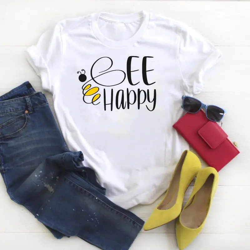 

Women T-shirt Bee Happy Letter Print Short Sleeve Tee Harajuku Top Kawaii Graphic Womens T-shirt Female T-shirt Ladies Clothes