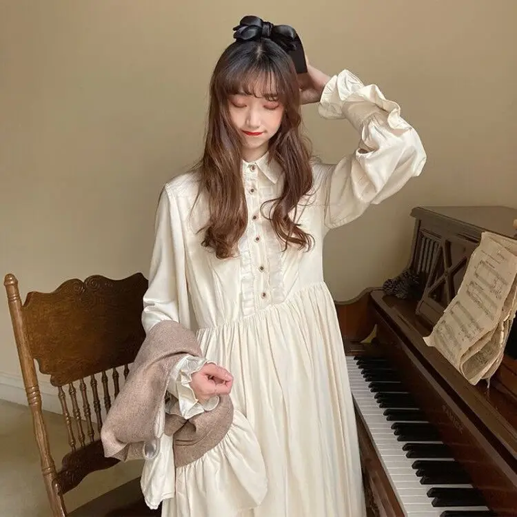 

Платье женское длинное стройнящее, элегантное белое студенческое платье, милая одежда в стиле Лолита, осень 2020