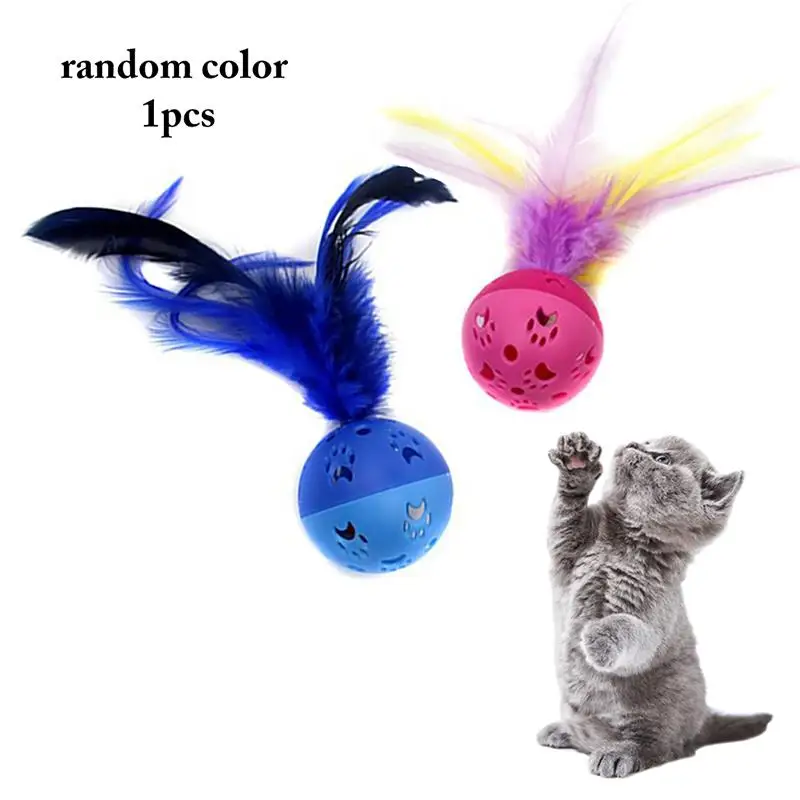 

1pc Cat Ball Toy Pet Accessories Hollow Faux Feather Decor Plastic Cat Play Ball Toy With Bell Pet Supplies Random Color