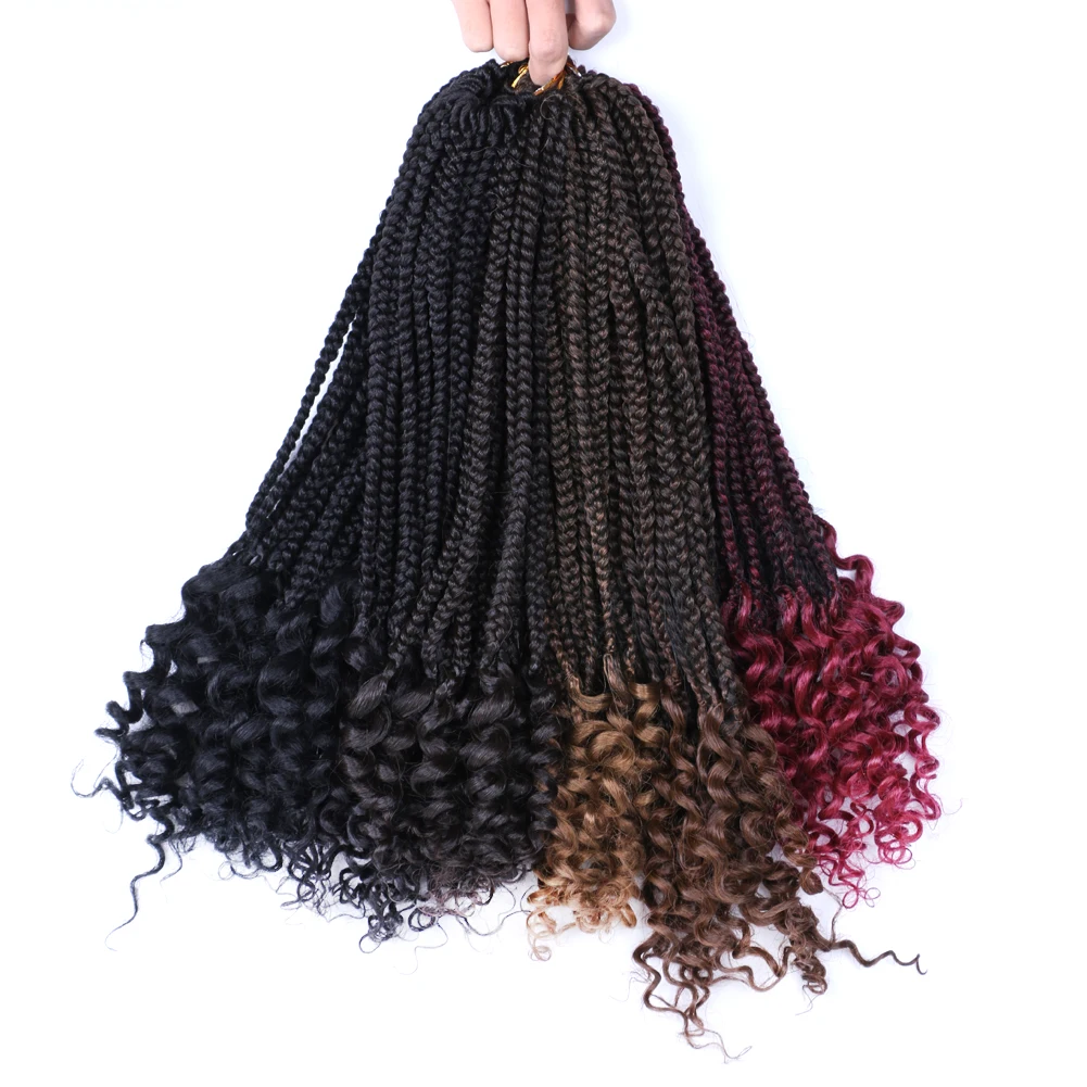 

18 Inch Box Braids Curly Ends Crochet Hair Extensions 22 Strands Synthetic Hair for Braids Ombre Weaves Braiding Hair Red Brown