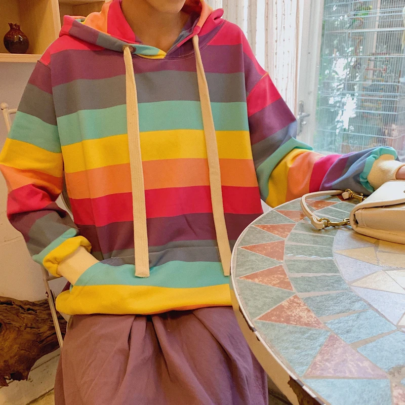 

Rainbow Stripes Hooded Hoodies Women 2022 Spring Autumn Casual Oversized Sweatshirts Long Sleeve Top Pullover Fashion Trend