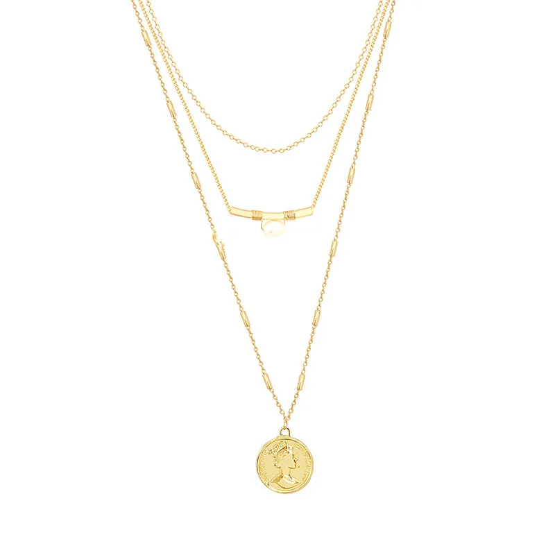 

TIMEONLY Gold Color Coin Head Portrait Pendant Necklaces for Women Minimalist Beaded Chain 3 Layered Pearl Charms Necklace Gifts