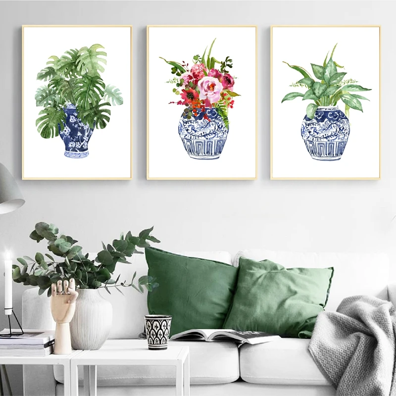

Home Decor Chinese Blue & White Porcelain Watercolor Flower Plant Poster Canvas Painting Decor Living Room Wall Art Frameless
