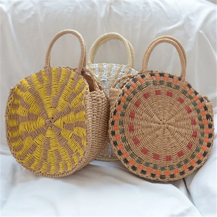 

Handmade Rattan Woven Round Handbag Vintage Retro Straw Rope Knitted Messenger Bag Lady Fresh Paper Bag Summer Beach Tote