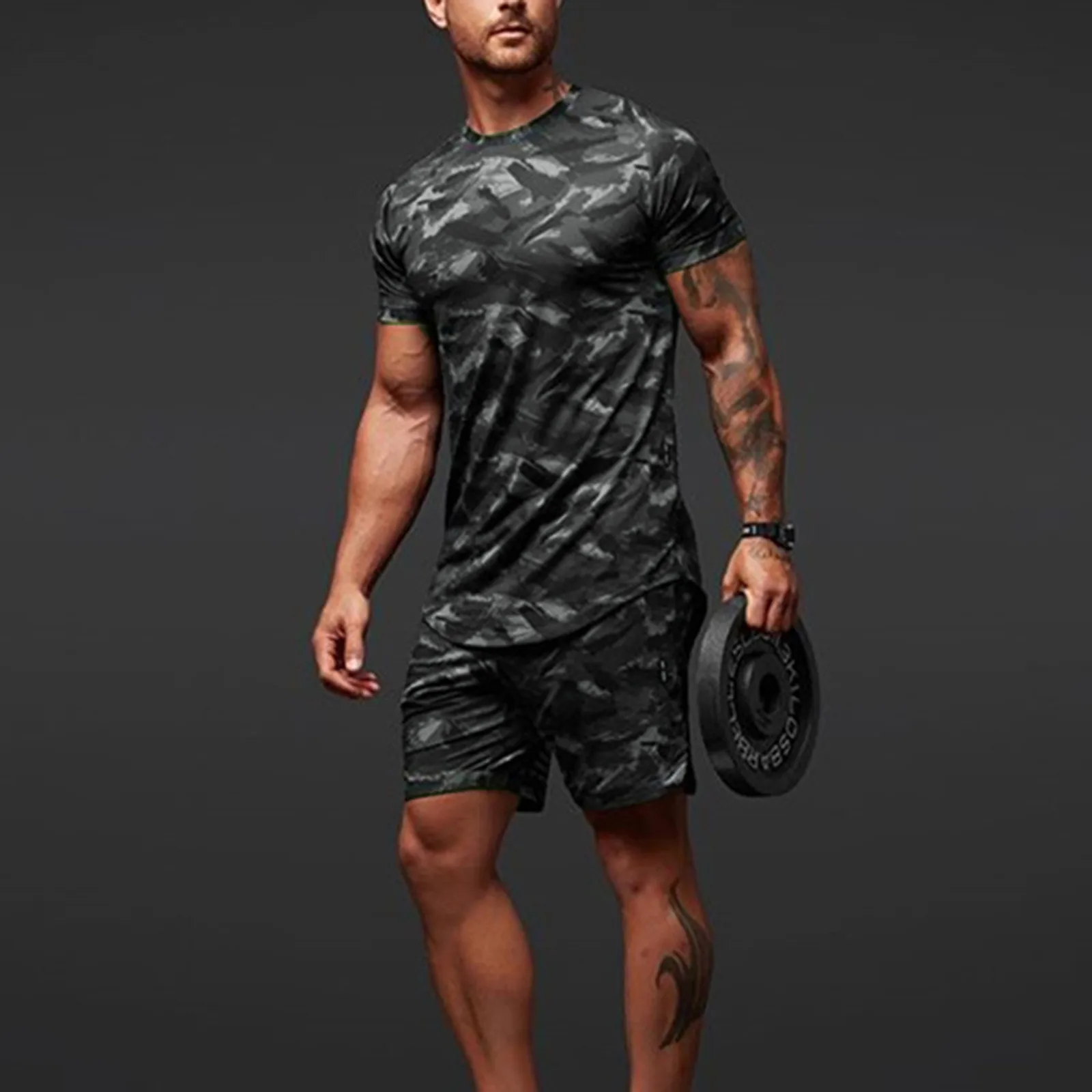 

2 Piece Set Men Clothing 2021 Summer Camouflage Print Men O Neck Tops And Drawstring Shorts Outfit Fashion Sports Casual Suits