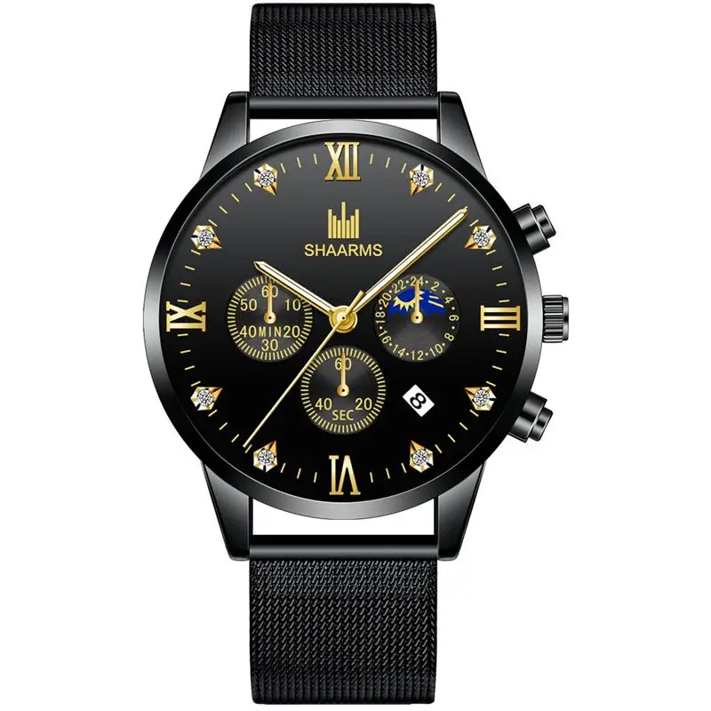 Модные черные мужские часы с бриллиантами и римскими цифрами сетчатые из