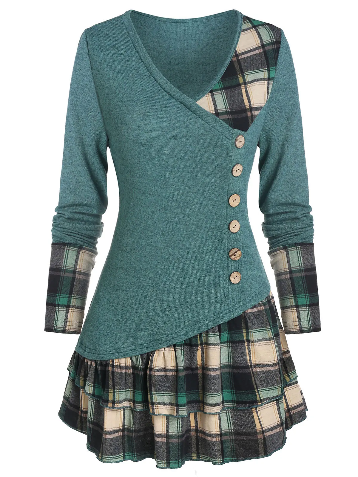 Женская клетчатая футболка DRESSFO многослойная с v-образным вырезом длинным