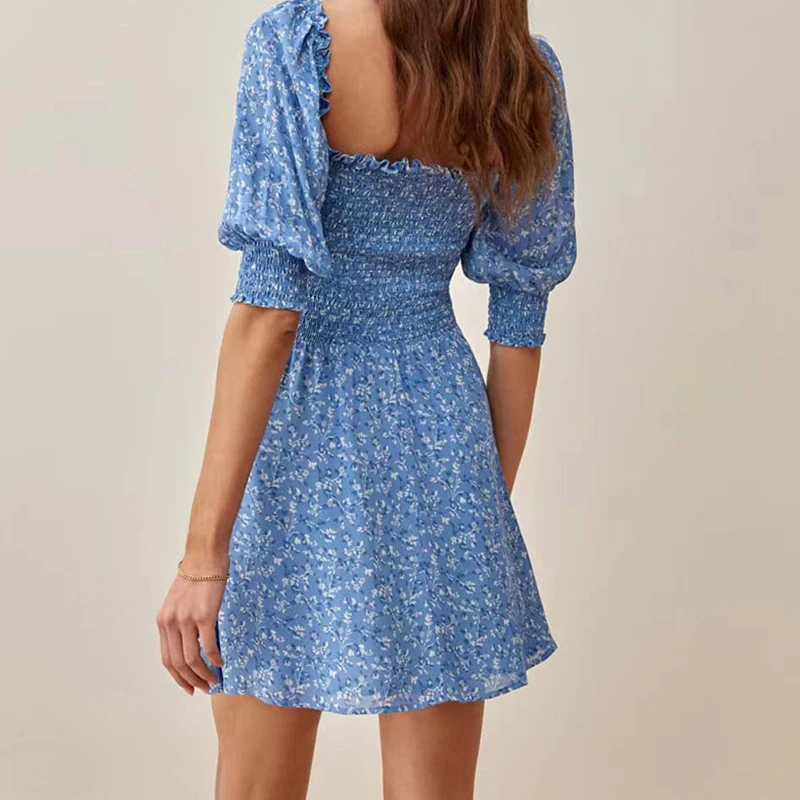 

MUICHE Big Square Collar Floral Mini Dress Woman Half Sleeve High Waist A-Line Dress 2021 New Fashion French Sytle Holiday