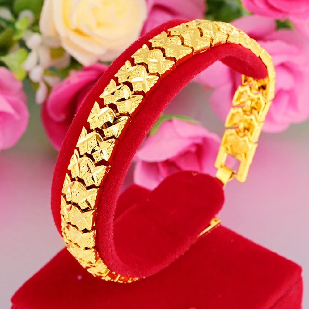 

Carved Wrist Chain Link Yellow Gold Filled Fashion Mens Womens Bracelet Classic Cool Style