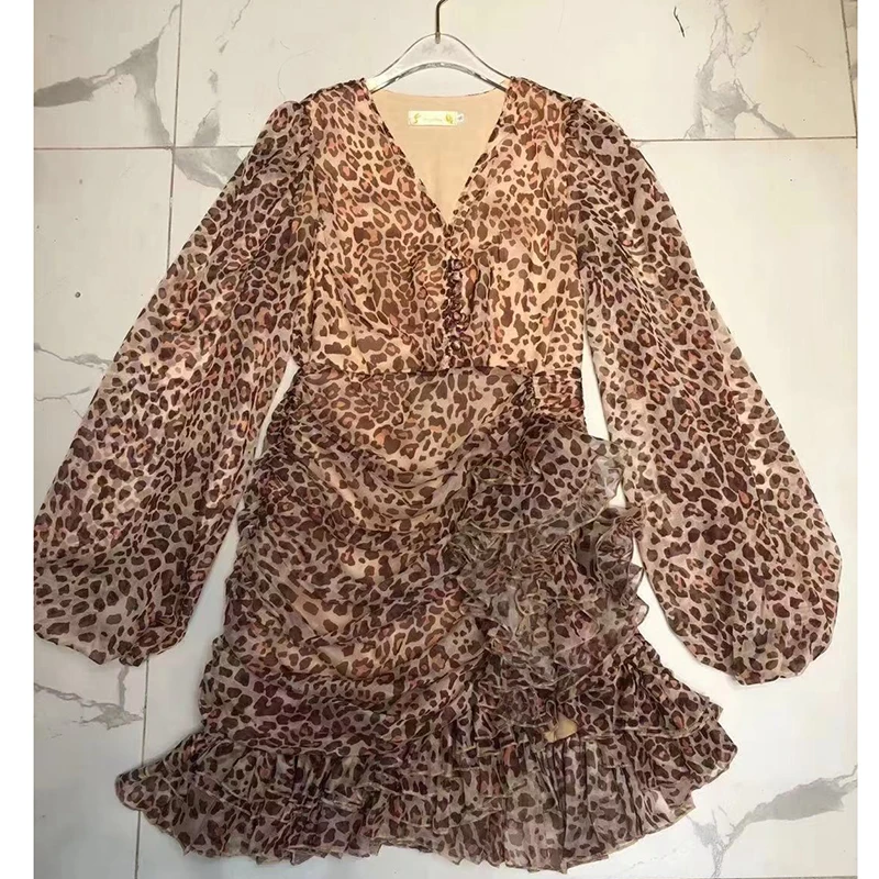

2021 Spring New High-end Elegant Dress Women V Neck Lantern Long Sleeve High Waist Patchwork Ruched Ruffles Dresses Female Tide