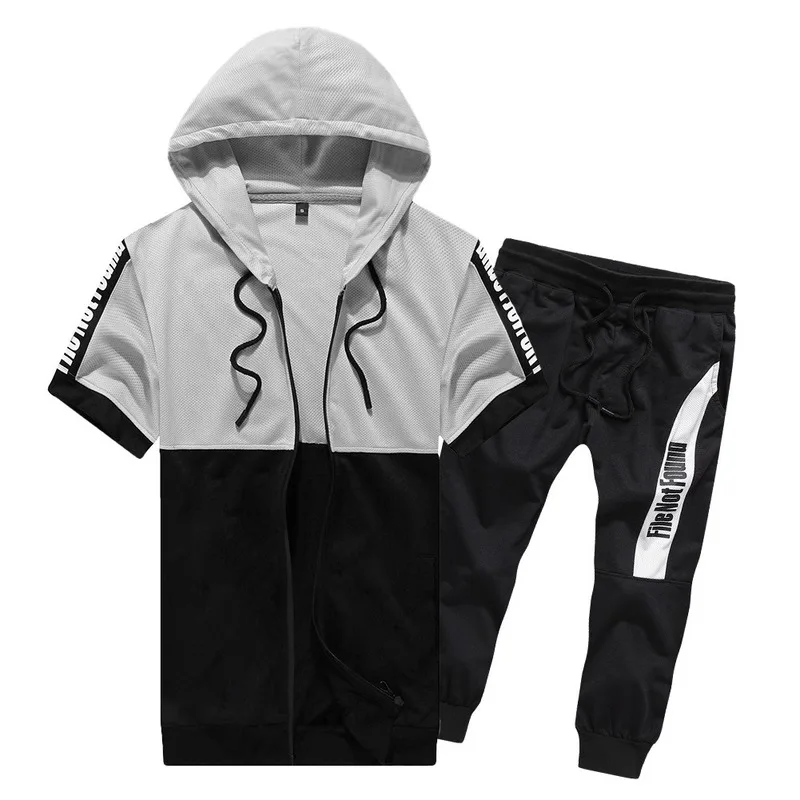 

Hooded Short Sleeve Two-piece Cardigan Zipper Hooded Contrast Color Short T-shirt English Printing Cropped Pants Sports Fashion