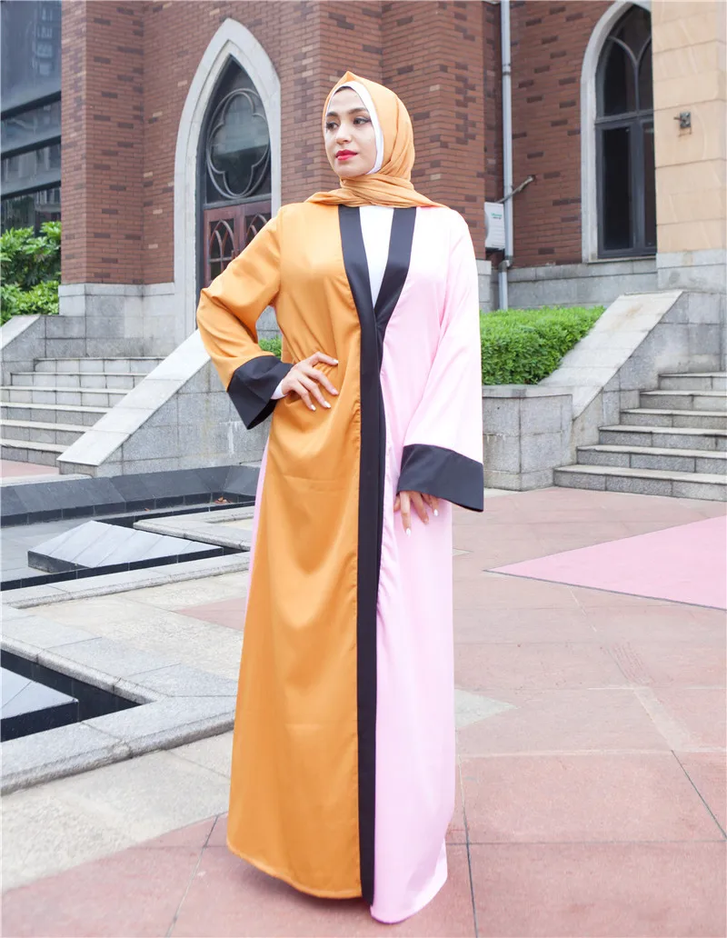 

2021 New Middle East Dubai Hit Color Robe Dress Fashion Casual Muslim Solid Color Round Neck Long Sleeve Female Dress