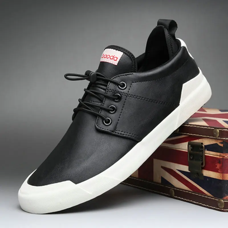

Fashion Men Flats Vulcanized Shoes Zapatos De Hombre Black Zapatillas Men Casual Shoes Leather Sneakers