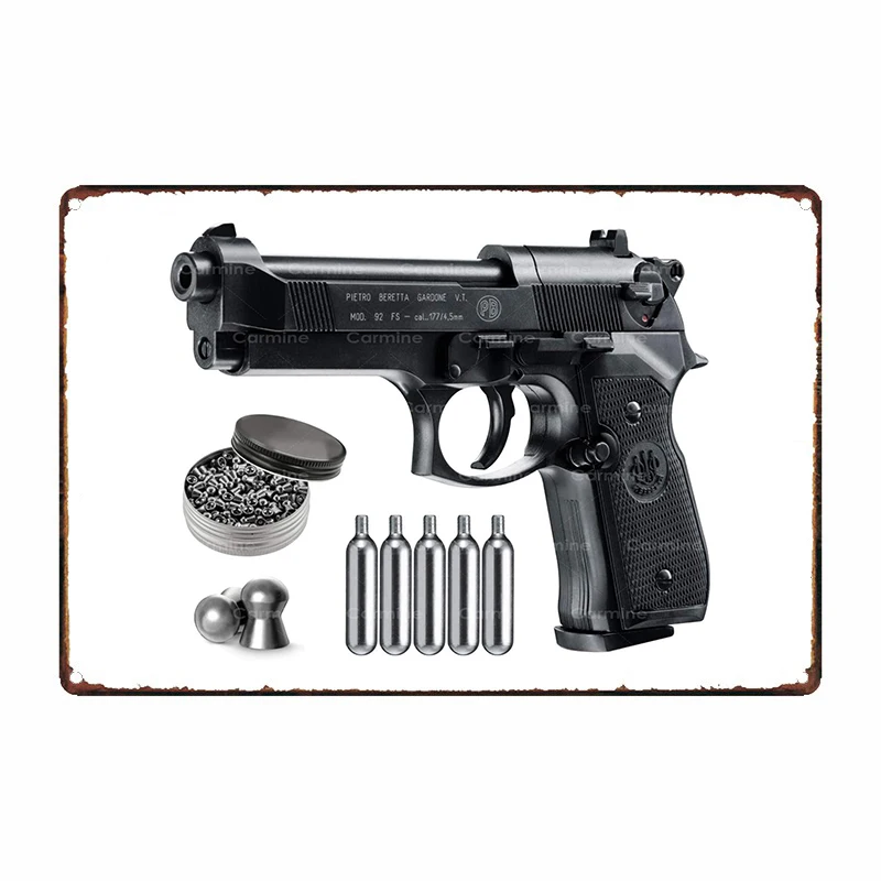 

Beretta M92FS Blowback Air Gun with 5x12 CO2 Tanks and Pack of 500ct Lead Pellets Bundle (Black+Accessories) Metal Wall Decor