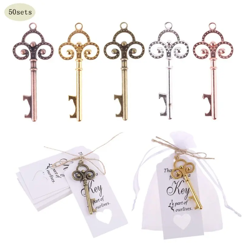 

50x Vintage Key Bottle Opener with Tag Card Bag Wedding Party Favors Souvenirs with Tag Card Bag