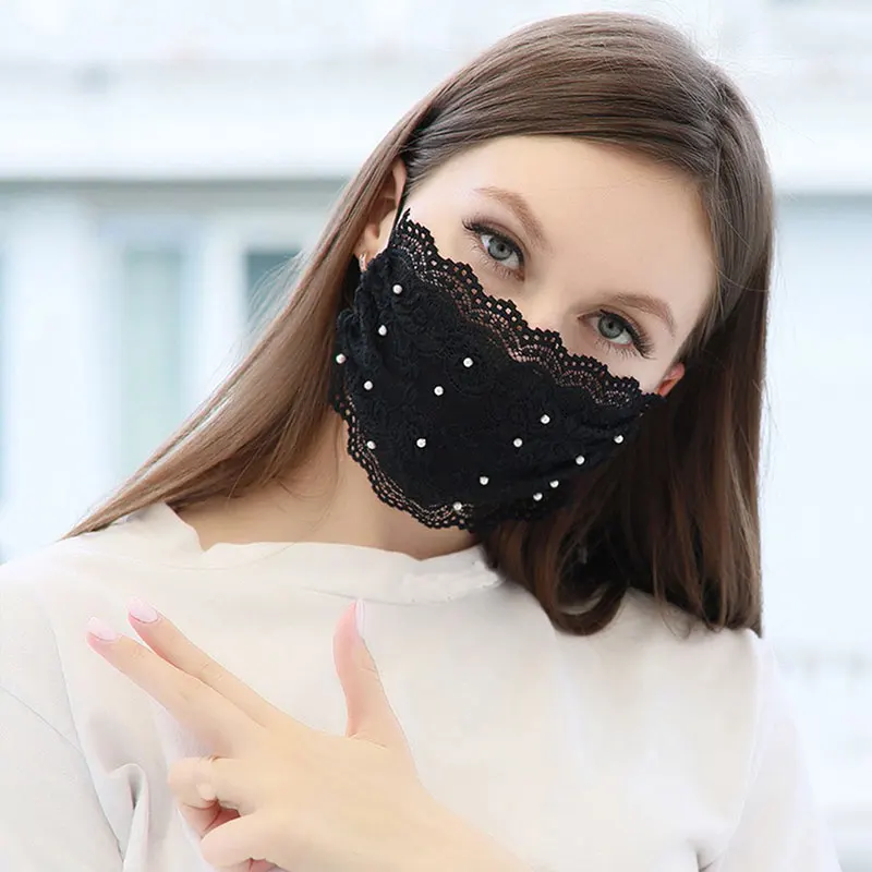 

Breathable Washable Fabric Mask with Peal Ladies Black Flower Lace Adjustable Masque Thin Mascarillas Halloween Cosplay Mask