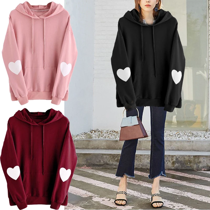 

hoodie sweatshirt Hoodies Women Heart Printed In Elbow Casual Loose Hooded Sweatshirt Long Sleeve Warm Girls Men Couple