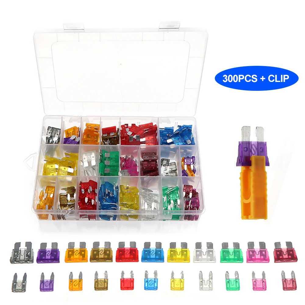 

High quality 300Pcs 2A 3A 5A 7.5A 10A 15A 20A 25A 30A 35A 40A Medium Small Size Car Blade Fuse Car Fuse Assortment With Box Clip