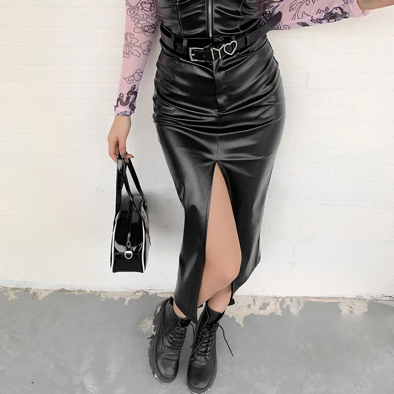 

and the United States the queen high fan aura fully open joker waist leg long shape opening pu leather skirt girl