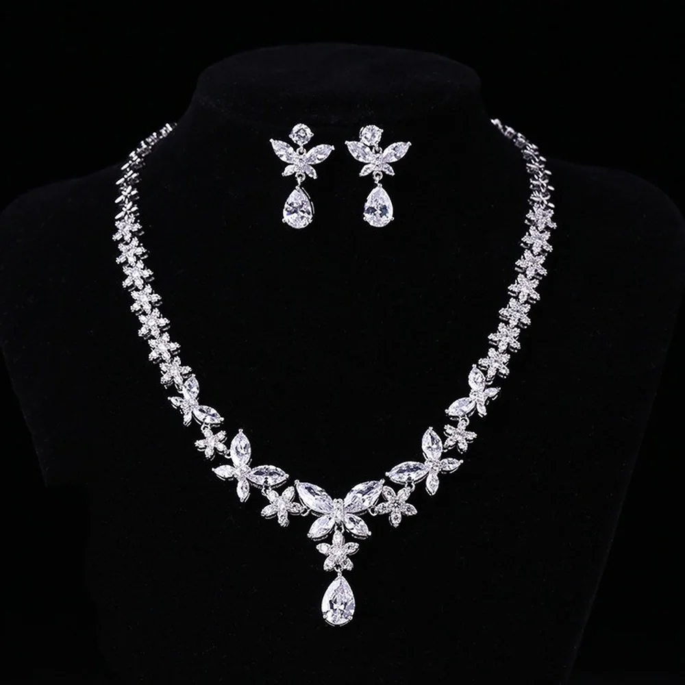 

Zircon Gold Plated Necklace and Earring Set Popular Bride Butterfly Accessories Jewelry Set Women's Necklace Earrings
