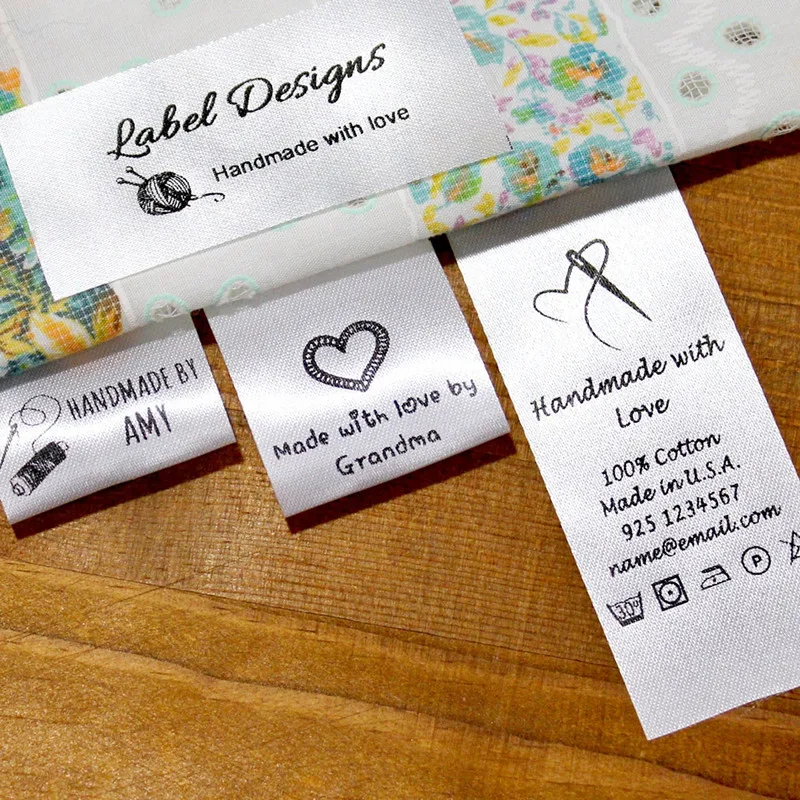 

300 Custom Satin Silky Clothing Labels Wash Instruction, Fabric Sewing washable Label fold over, printed logo garment care tags