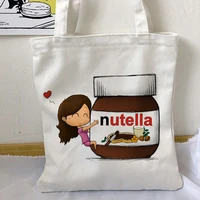 nutella kawaii shopping bag print shoulder handbag tote bag aesthetic for women canvas shopper bag high capacity hand cloth bag