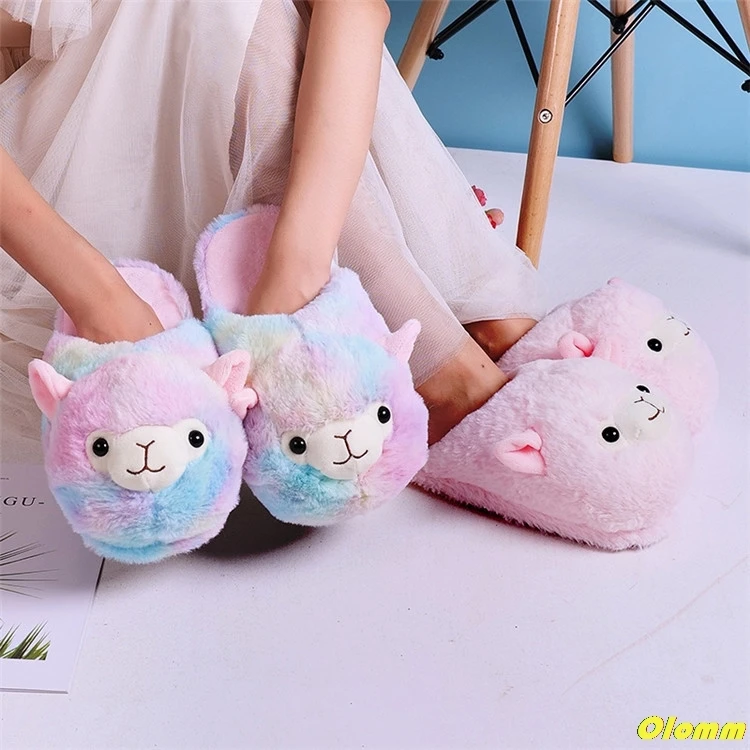 

Cute Cartoon Alpaca Indoor Slippers Women Winter Home Floor Shoes Female Warm Faux Fur House Slipper Soft Sole Slides SH466